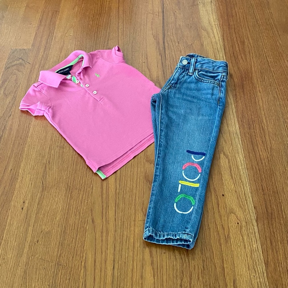 Polo by Ralph Lauren Girls Mesh Polo and Slim Boyfriend Jeans Set